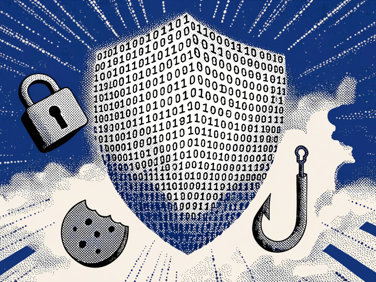 A shield made of binary code with icons of privacy threats around it.
