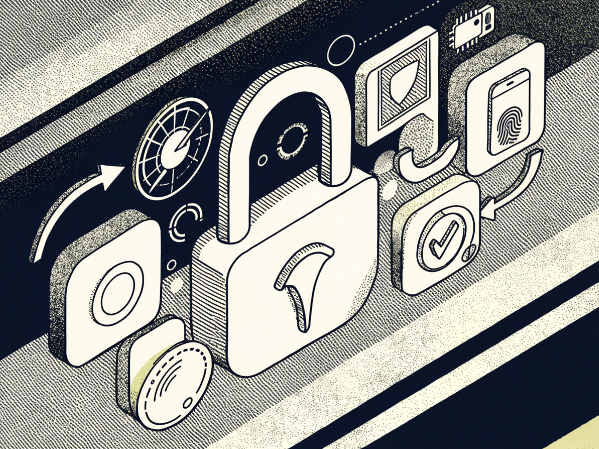 A stylized lock symbol with digital privacy icons around it