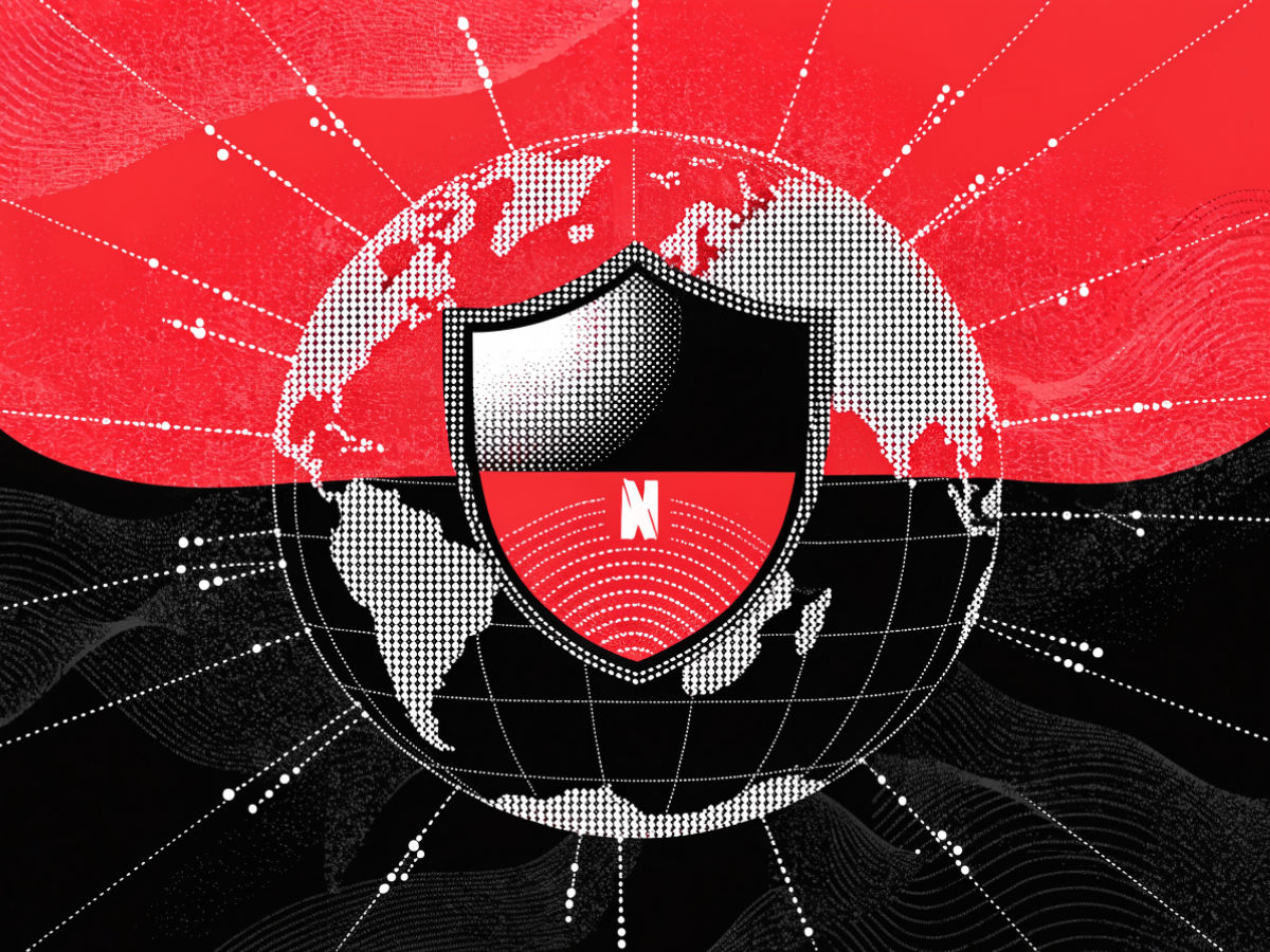 A VPN shield with the Netflix logo and a globe in the background.
