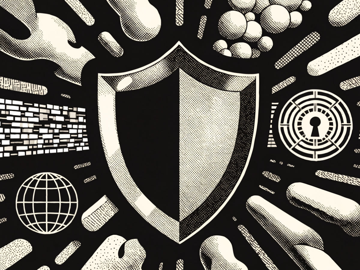 A shield symbolizing online privacy with VPN-related icons and elements.